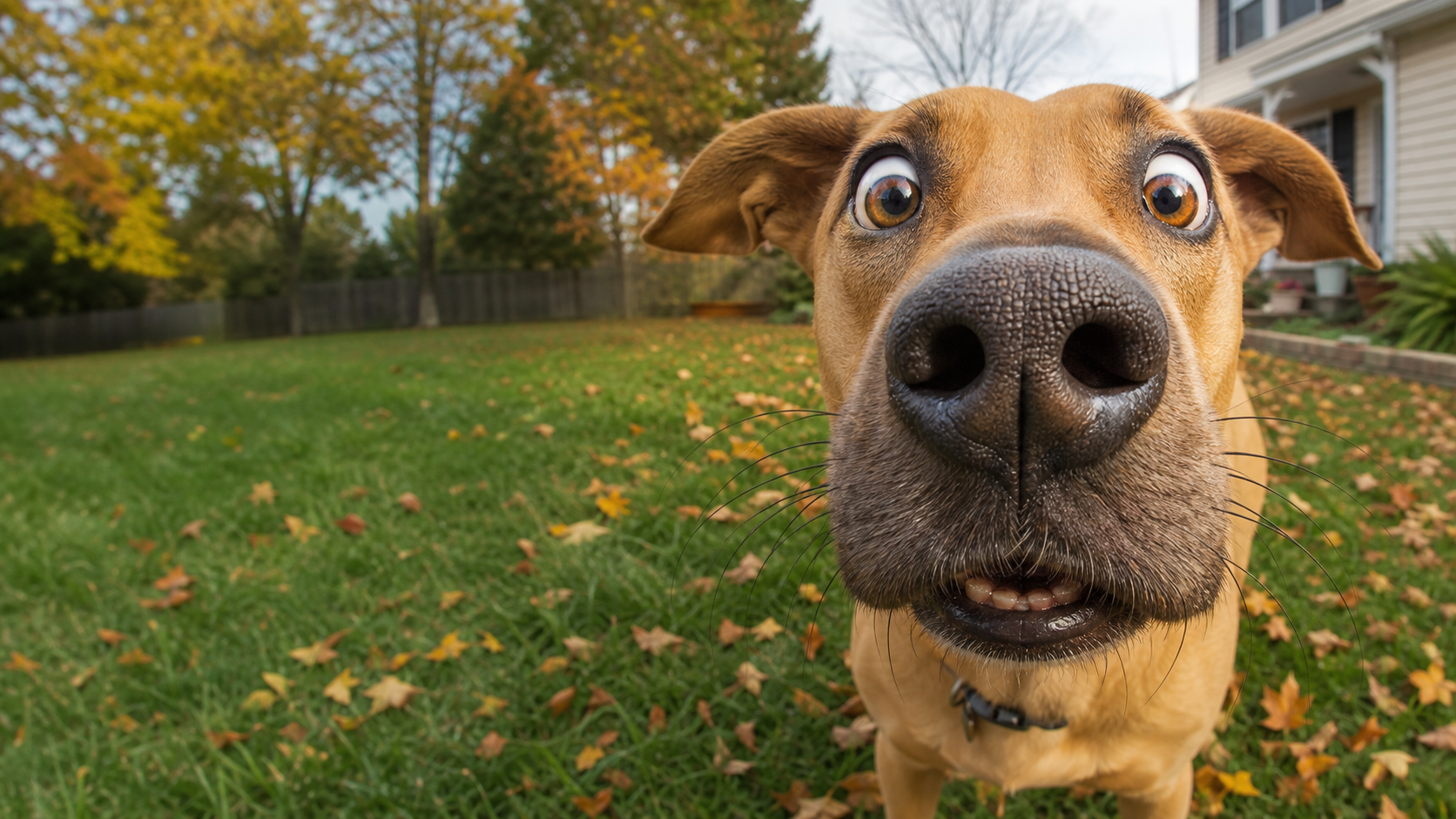 Close-up happy brown dog in a backyard, matching the current DoodyWorks homepage hero